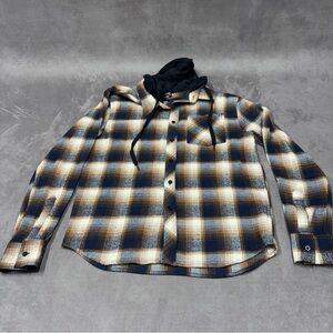 Eighty eight men’s button down hooded shirt jacket navy blue brown white plaid S
